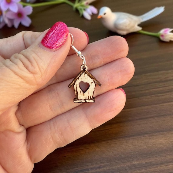 Handmade Wooden Birdhouse Earrings | Rustic Nature Jewelry | Lightweight Wood Dangles with 925 Sterling Silver Hooks | Bird Lover Gift