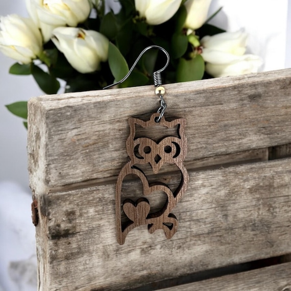 Owl Earrings: Walnut Wood, Jewelry, Nickel Free, Heart, Hand Crafted Gift, Valentine's Day Gift, Teacher Gift