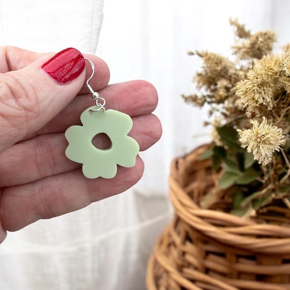 Boho Flower Earrings in Eucalyptus - Acrylic and Sterling Silver, Gift for Her, Jewelry, Valentine’s Day, Teacher Gift, Galentines