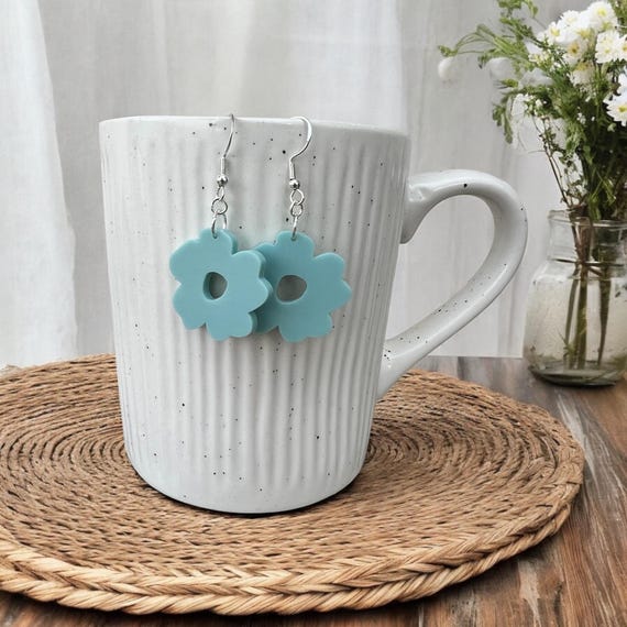 Boho Flower Earrings in Eggshell Blue - Acrylic and Sterling Silver, Gift for Her, Jewelry, Valentine’s Day, Teacher Gift, Galentines