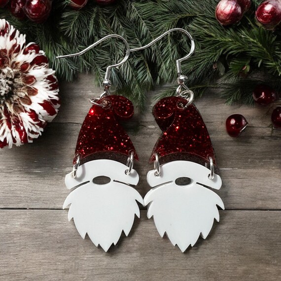 Sparkling Santa Clause Earrings: Jewelry, Acrylic, Glitter, Sterling Silver, Holiday, Christmas, Hand Crafted Gift, Gift For Her