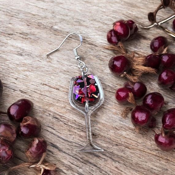 Red Wine Glass Earrings – Handcrafted Jewelry, Acrylic Glitter Drop Earrings for Wine Lovers, Fun and Unique Gift for Her, Valentine’s Gift