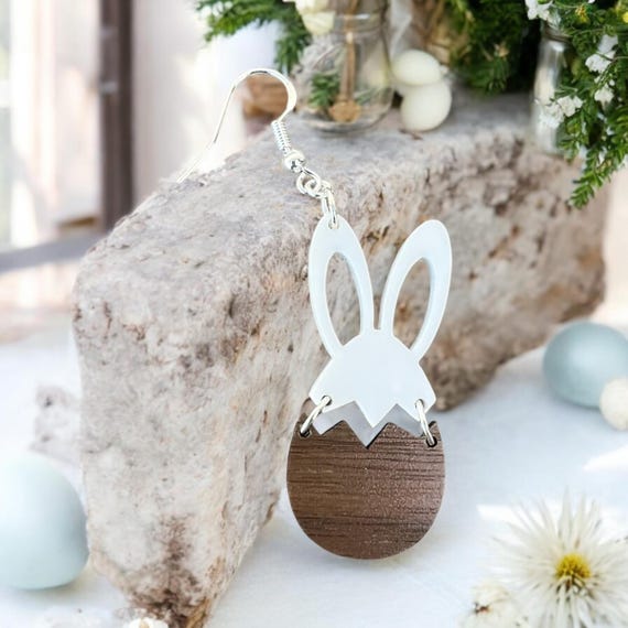 Easter Bunny Egg Earrings - Handmade Acrylic & Wood Earrings, Lightweight Spring Jewelry, Cute Easter Gift for Her, Easter Basket Stuffer