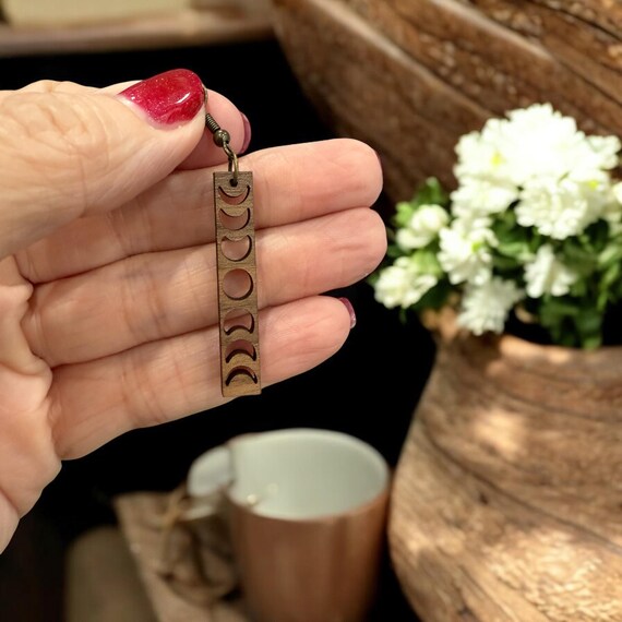 Lunar Cycle Wood Earrings – Walnut Moon Phase Earrings – Celestial - Boho Moon Jewelry – Nickel Free Hook – Moon Phase Jewelry - Witchy Gift