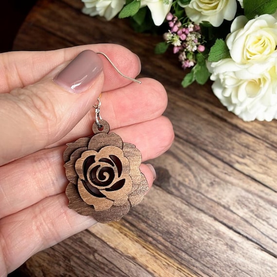 Rose Earrings – 3D Wooden Floral Earrings, Handcrafted Jewelry, Floral Rose Design, Gift for Her, Elegant Earrings, Valentine Accessory