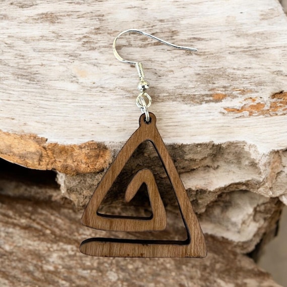 Boho Triangle Earrings: Jewelry, Cherry Wood, Walnut Wood, Sterling Silver, Holiday, Hand Crafted Gift, Gift For Her, Artistic Earrings
