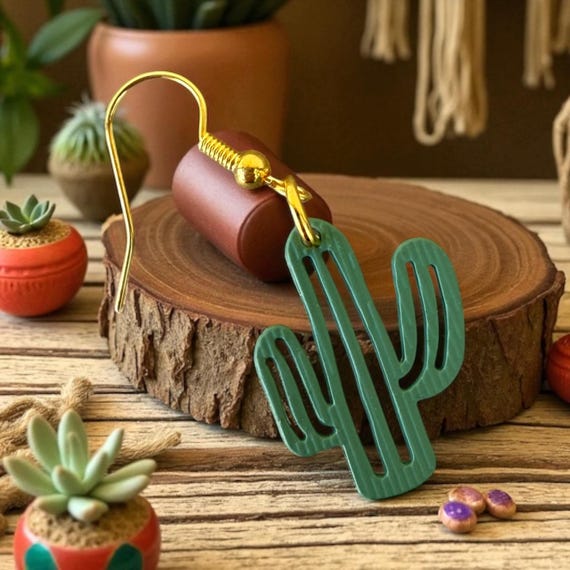 Metal Cactus Earrings | Desert Boho Jewelry | Lightweight Green Dangle Earrings with Brass Hooks | Western Festival Gift