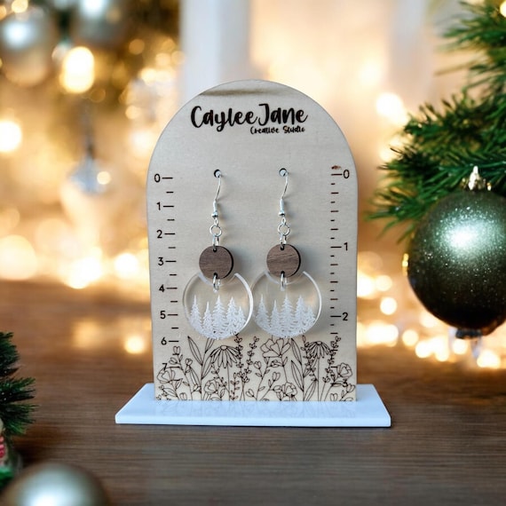 Winter Tree Earrings: Jewelry, Cherry Wood, Sterling Silver, Christmas, Holiday, Hand Crafted Gift, Woodland