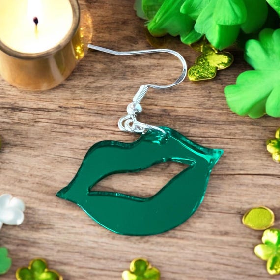 Kiss Me, I'm Irish Green Acrylic Lips Earrings: St. Patrick’s Day Earrings, Lightweight Statement Jewelry, Sterling Silver, Made in USA