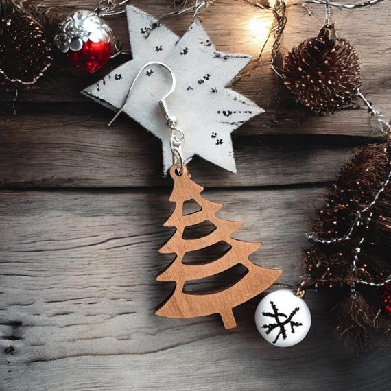 Christmas Tree Earrings: Jewelry, Cherry Wood, Sterling Silver, Winter, Holiday, Hand Crafted Gift, Gift For Her