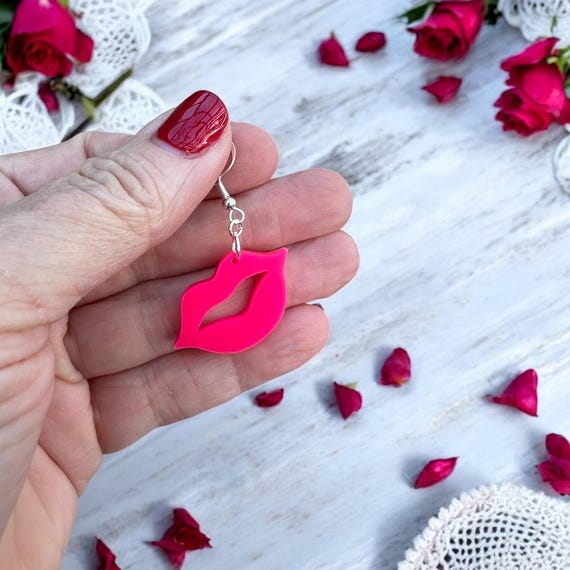 Valentine's Day Kiss Earrings - Cute Hot Pink Acrylic Dangle Earrings, Gift for Her, Valentine's Day Gift, Handmade Jewelry, Galentine's Day