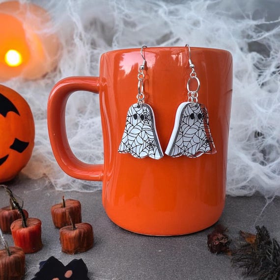 Ghost With Spider Web Charm Earrings: Jewelry, Sterling Silver, Fall, Halloween, Hand Crafted Gift For Her