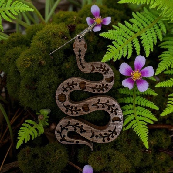 Handmade Wooden Snake Earrings | Metaphysical Boho Jewelry | Lightweight Laser-Cut Walnut Dangles | Moon Phase Gift for Her