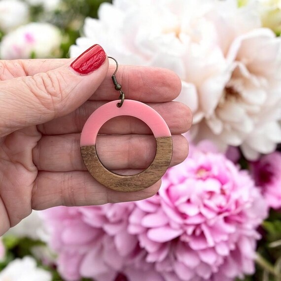 Valentine Pink Wood Circle Earrings - Pink Acrylic and Wood, Nickel Free, Gift for Her, Jewelry, Valentine’s Day, Galentines