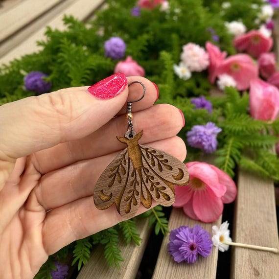 Moth Earrings 2: Nature-Inspired Cottagecore Jewelry | Woodland Insect Earrings | Boho Witchy Accessories | Handmade Jewelry | Wood Jewelry