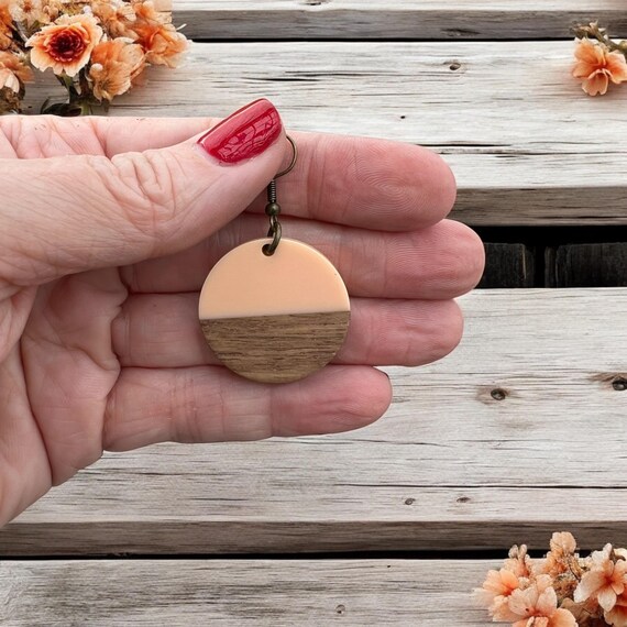 Valentine Peach Wood Circle Earrings - Peach Acrylic and Wood, Nickel Free, Gift for Her, Jewelry, Valentine’s Day, Galentines