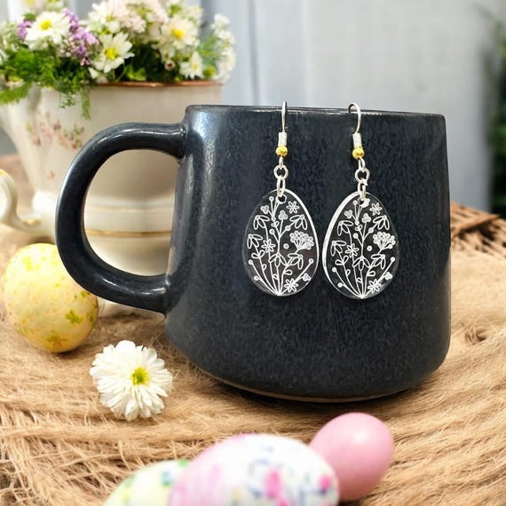 Easter Egg Earrings – Engraved Clear Acrylic, Delicate Floral Spring Jewelry, Easter Gift for Her, Sterling Silver, Easter Basket Stuffer