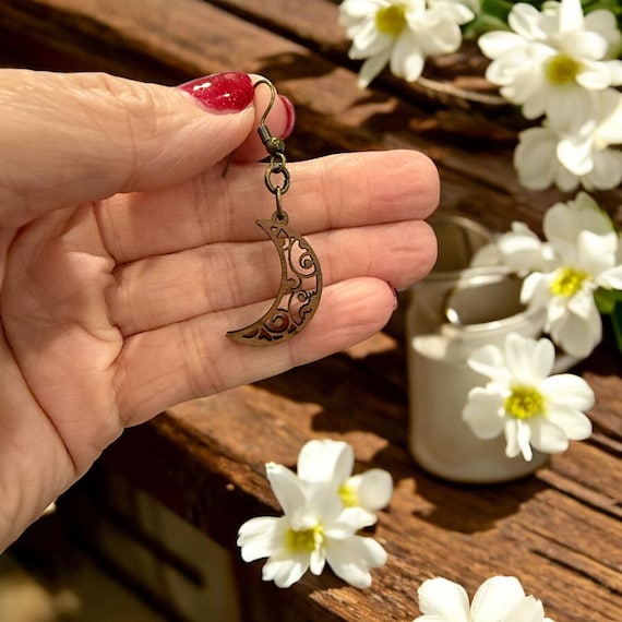 Crescent Moon Wood Earrings – Walnut Laser Cut Celestial Earrings – Boho Moon Jewelry – Nickel Free Hooks – Moon Phase Jewelry - Witchy Gift