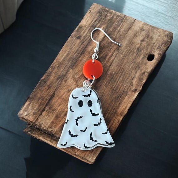 Ghost With Bat Charm Earrings: Jewelry, Sterling Silver, Fall, Halloween, Hand Crafted Gift For Her