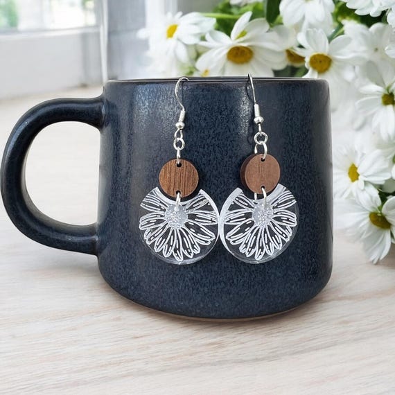 Daisy Earrings - Clear Acrylic, Walnut Wood, and Sterling Silver, Gift for Her, Jewelry, Valentine’s Day, Teacher Gift, Galentines
