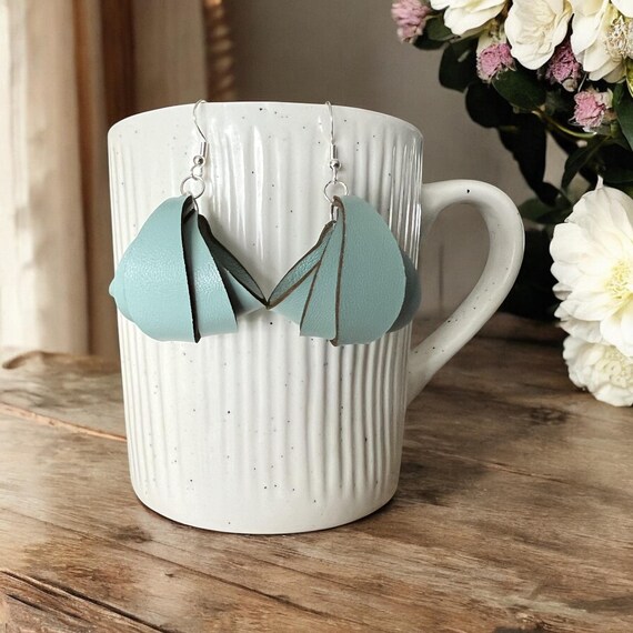 Faux Leather Petal Earrings – Handmade Earrings, Lightweight Statement Earrings, Unique Gift for Her, Boho Dangle Earrings, Robin Egg Blue