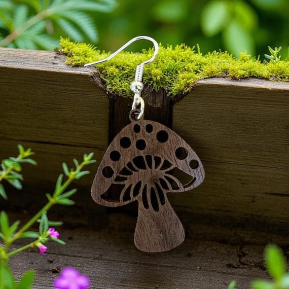 Handmade Wooden Mushroom Earrings | Boho Nature Jewelry | Lightweight Walnut Wood Dangles with 925 Sterling Silver Hooks | Cottagecore Gift