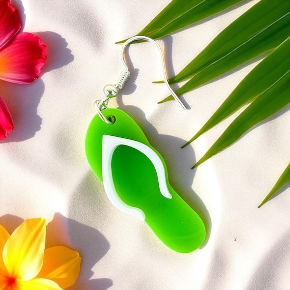 Green Flip Flop Earrings: Colorful Summer Dangle Earring | Sterling Silver Hook | Beach Vacation Jewelry | Handmade | Summer time Accessory