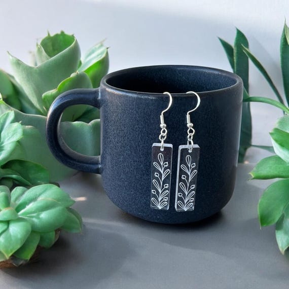 Floral Clear Acrylic Leaf Dangle Earrings 3: Sterling Silver, Hand Crafted, Spring Accessories, Wedding Accessories, Bridesmaid Gift
