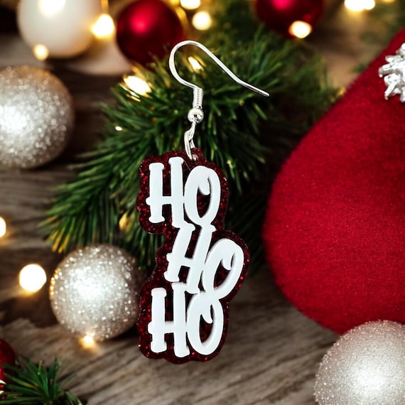 Sparkling “Ho Ho Ho” Holiday Earrings: Jewelry, Acrylic, Glitter, Sterling Silver, Holiday, Christmas, Hand Crafted Gift, Gift For Her