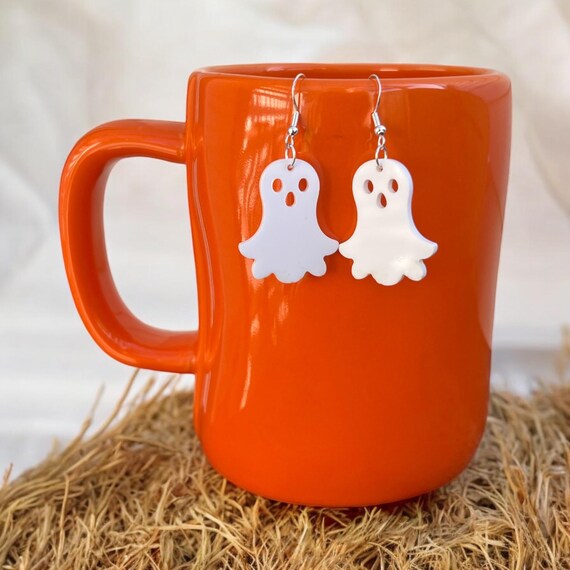 Ghost Earrings: White Acrylic & Sterling Silver, Fall, Halloween, Hand Crafted Gift