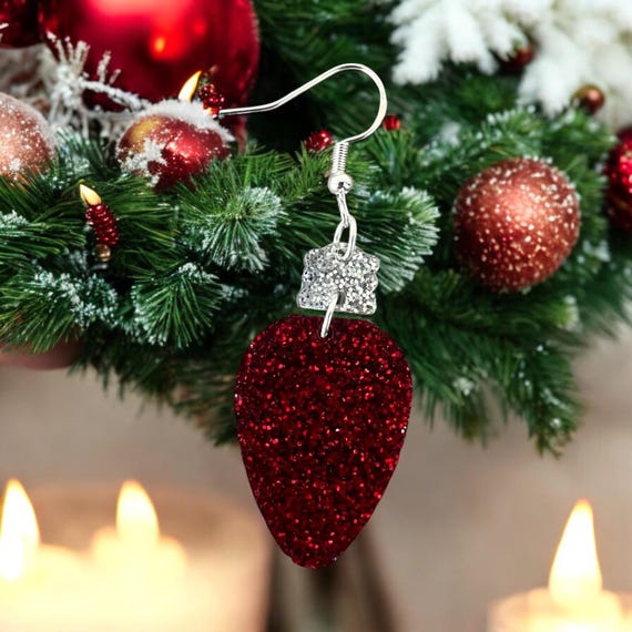 Sparkling Red Christmas Tree Light Bulb Earrings: Jewelry, Acrylic, Glitter, Sterling Silver, Holiday, Christmas, Hand Crafted Gift