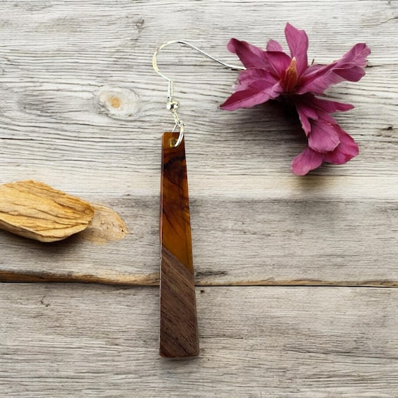 Brown Bar Drop Earrings: Jewelry, Wood, Resin, Brass, Trapezoid, Holiday, Hand Crafted Gift, Gift For Her