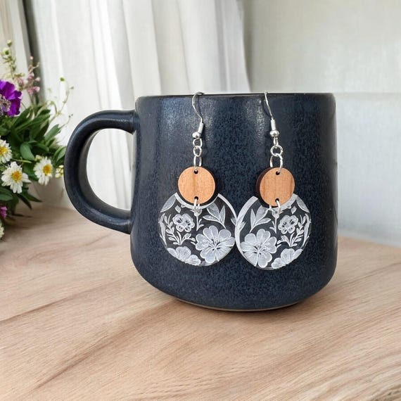 Wildflower Earrings - Clear Acrylic, Walnut Wood, and Sterling Silver, Gift for Her, Jewelry, Valentine’s Day, Teacher Gift, Galentines