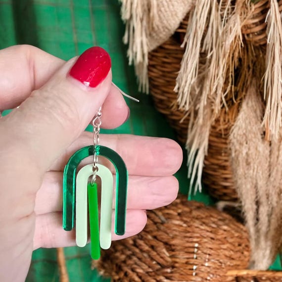 Green Acrylic Dangle Earrings | Geometric Statement Jewelry | Lightweight Handmade Earrings for Women | Teacher Gift | St. Patrick's Day