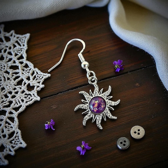Sun Earrings with Purple Resin Center - Celestial Boho Jewelry | Lightweight Silver Dangle Earrings | Cosmic Festival Gift - Metaphysical