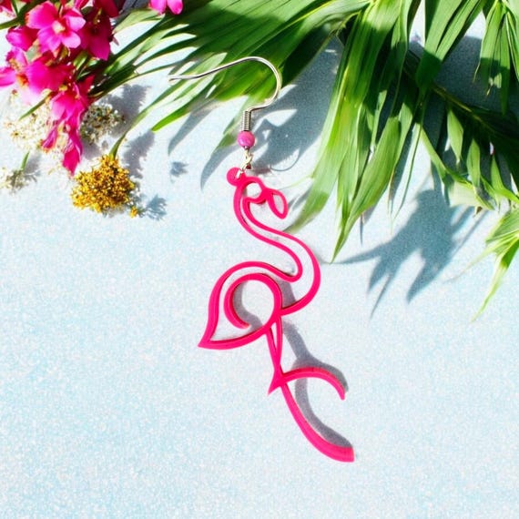 Flamingo Earrings – Hot Pink Lightweight Acrylic Earrings with Nickel-Free Hooks – Tropical Summer Jewelry, Beach Style, Vacation, Handmade