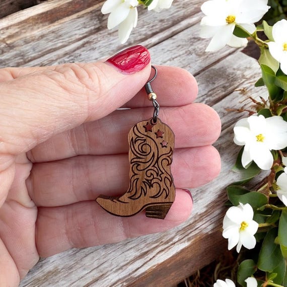 Cowgirl Boot Earrings - Wood, Nickel Free, Gift for Her, Jewelry, Horse Jewelry, Handcrafted Western Wear, Cowgirl Accessories