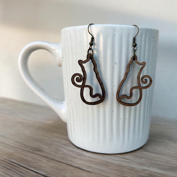 Cat Earrings: Jewelry, Walnut Wood, Nickle Free, Puppy, Pets, Holiday, Hand Crafted Gift, Gift For Her
