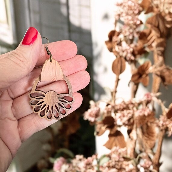 Boho Wood Flower Earring - Jewelry, Walnut Wood, Blush Faux Leather, Nickel Free Findings, Gift for Her, Valentines, Teacher Gift