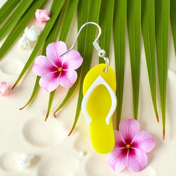Yellow Flip Flop Earrings: Colorful Summer Dangle Earring | Sterling Silver Hook | Beach Vacation Jewelry | Handmade | Summer time Accessory