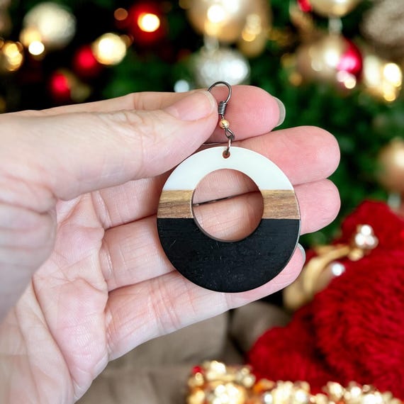 Black and White Circle Earrings: Jewelry, Wood, Resin, Holiday, Hand Crafted Gift, Gift For Her, Christmas, Nickel Free