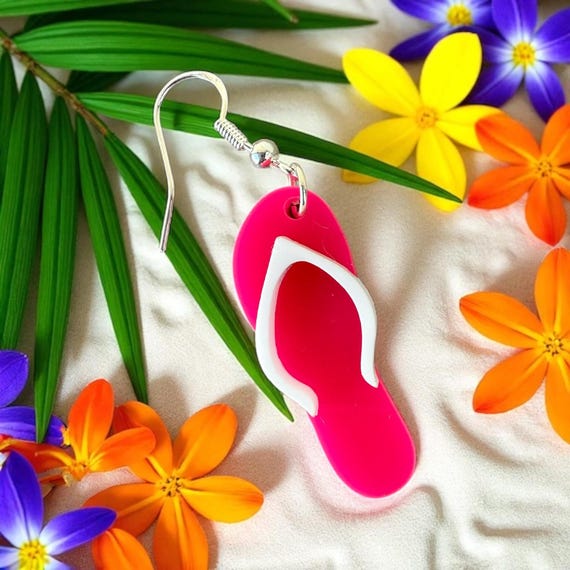 Pink Flip Flop Earrings: Colorful Summer Dangle Earring | Sterling Silver Hook | Beach Vacation Jewelry | Handmade | Summer time Accessory