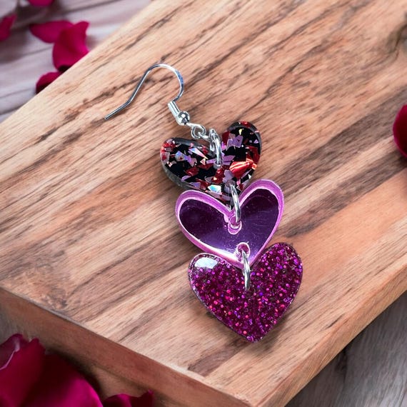 Handmade Acrylic Dangle Heart Earrings: Valentine’s Day Earrings, Sterling Silver Hooks, Statement Heart Earrings, Gift for Her, Made in USA
