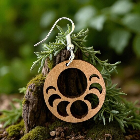 Lunar Cycle Wood Earrings:  Celestial Jewelry - Boho Moon Jewelry – Sterling Silver Hook – Moon Phase Jewelry - Witchy Accessories