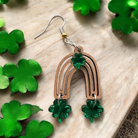 Rainbow Shamrock Earrings - St. Patrick’s Day Earrings, Green Clover Dangle Earrings, Irish Festival Jewelry, Handmade Drop Earrings