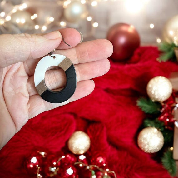 Black and White Oval Earrings: Jewelry, Wood, Resin, Holiday, Hand Crafted Gift, Gift For Her, Christmas, Nickel Free