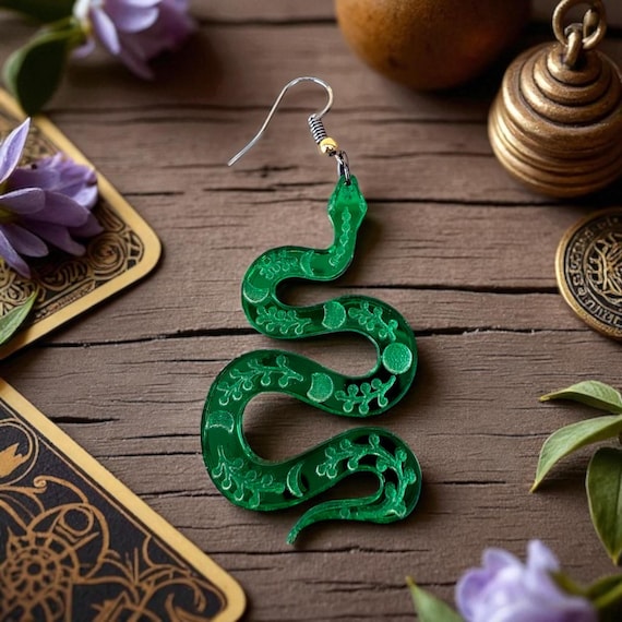 Green Mirror Acrylic Snake Earrings | Metaphysical Boho Jewelry | Lightweight Reflective Dangle Earrings | Witchy Festival Gift for Her
