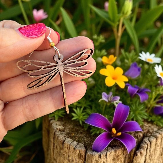 Handmade Wooden Dragonfly Earrings | Lightweight Boho Nature Jewelry | Wood Dangle Earrings with 925 Sterling Silver Hooks | Gift for Her