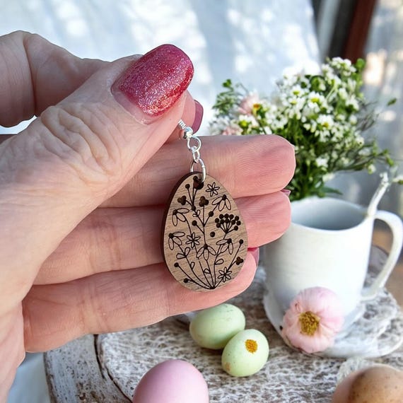 Easter Egg Earrings – Floral Dangle Earrings, Rustic Spring Jewelry, Gift for Her, Spring Accessories, Easter Gift, Wood Engraved