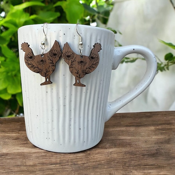 Floral Chicken Earrings: Jewelry, Walnut Wood, Sterling Silver, Holiday, Hand Crafted Gift, Gift For Her, Farm